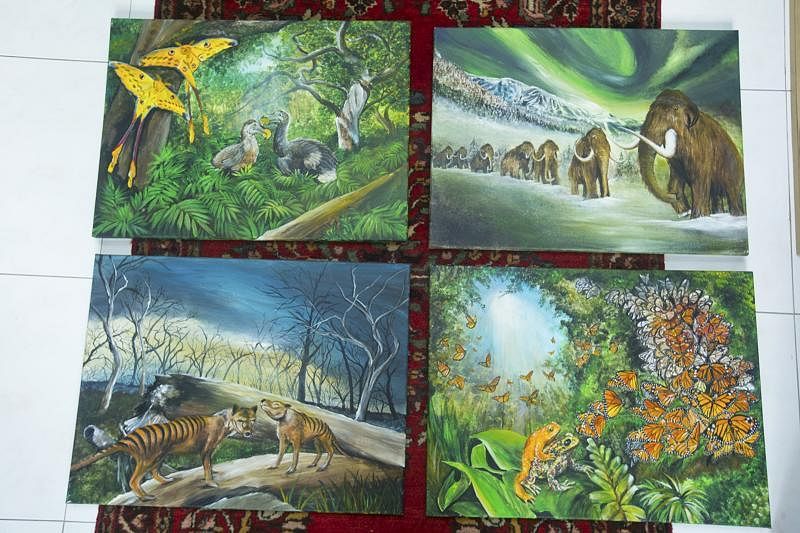 薛奇峰的画作充满对大自然的热爱，已绝种和濒临绝种的动物是他的创作素材。（曾道明摄）