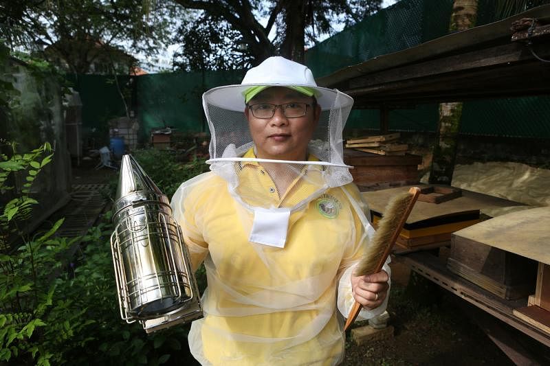 烟熏是搬移蜂窝的方法之一。但陈梽勇很少用这个工具，若碰到较大的蜂巢须采用，也会坚持用对小蜜蜂无害的干草作燃料，而不是释放化学物质的报纸或废料。（谢智扬摄）
