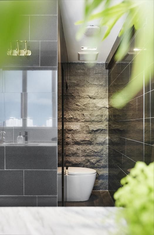 浴室采用突出的蘑菇花岗岩瓦片，完全突破传统组屋浴室格局。