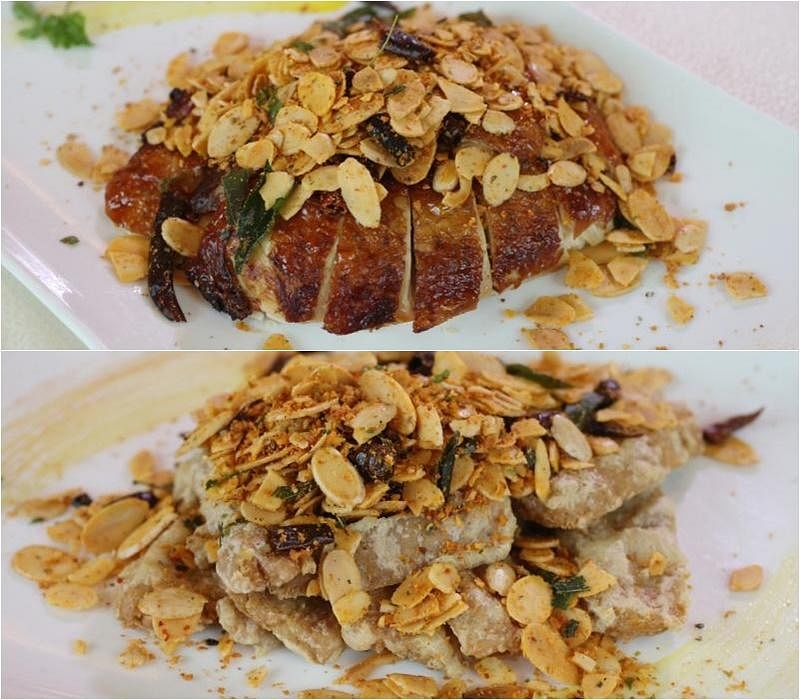 “益口”植物肉（下图）也能炒出避风塘风沙鸡。上图是原有食材的呈现方式。