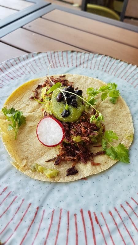厨师黎昂的“昆虫私房菜”，用蚱蜢及蚂蚁为馅料的墨西哥薄饼。（黄亿敏摄影）