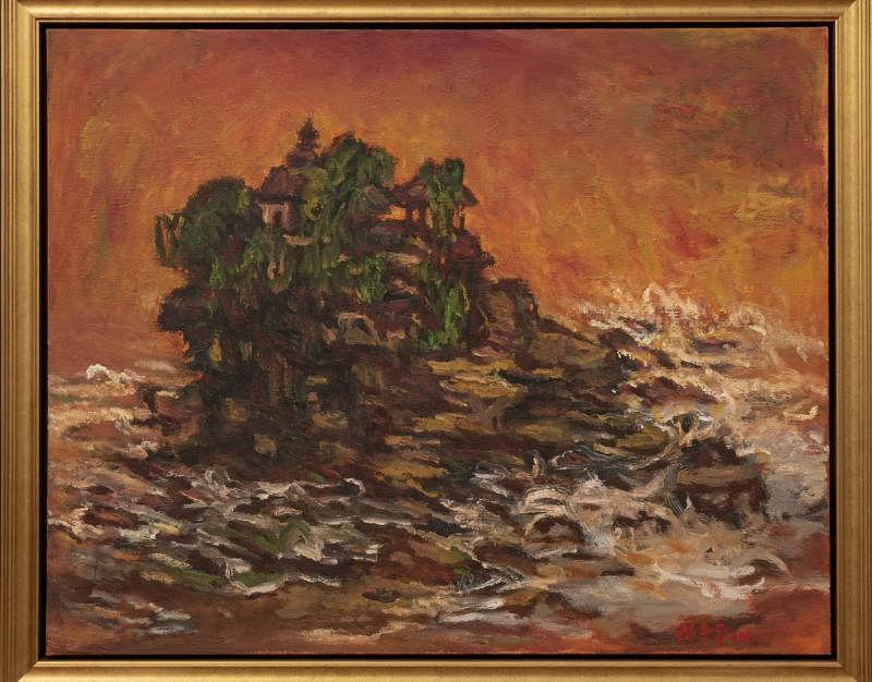 林子平一生一直在画峇厘岛，图为2004年油画《海神庙》。（集菁艺社提供）