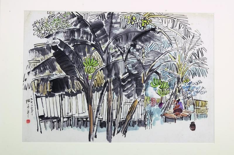 “古石存心——林子平其人其艺”展出林子平1970年代的马来甘榜水墨画系列。（集菁艺社提供）
