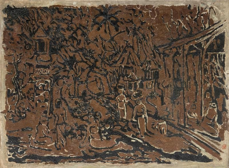 林子平1960年代油画《无题》取材峇厘岛，用厚涂颜色团为背景，框起画面构图，浅浮雕的金石味。（集菁艺社提供）