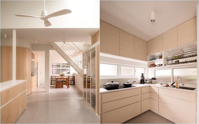 （左图）饭厅设计简约雅致。（右图）厨房用槽纹玻璃窗，吐露和风。