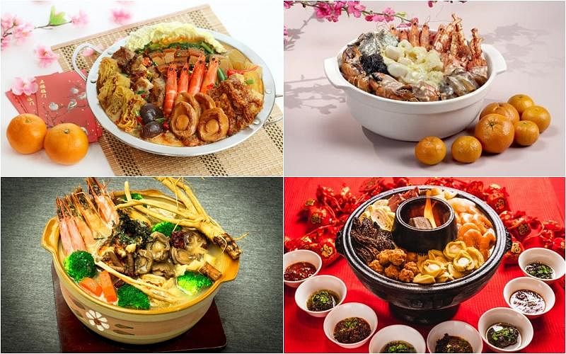 Chalerm Thai的六道式年菜包括三文鱼鱼生、清蒸鲈鱼、拼盘、鱼鳔汤、黄梨炒饭和鲍汁西兰花。