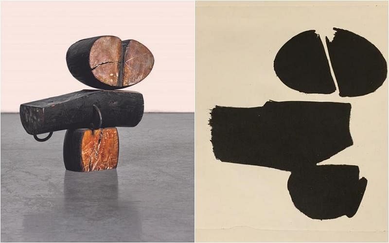 林真金的木头与金属雕塑作品（1959）和版画（1960）“Sphynx”。