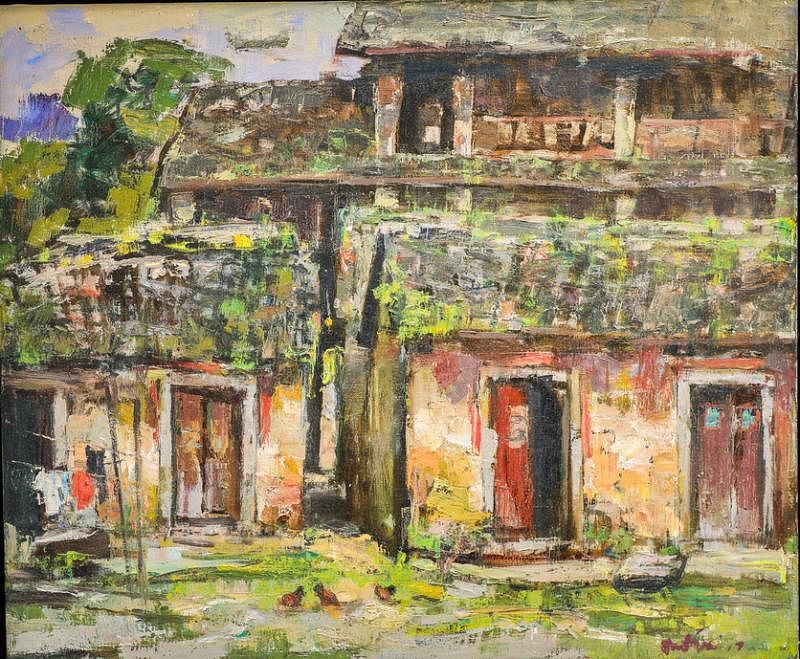 陈楚智的《潮州土楼》，阳光下的老房子虽残破，但尚有人迹。