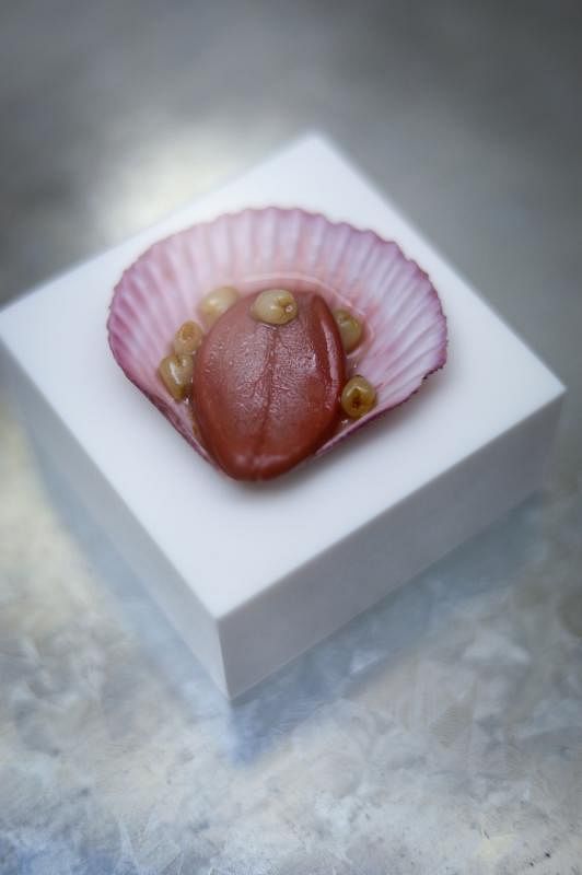 设计师林琪璇用树脂在贝壳里塑造了几颗乳牙和一根舌头，可爱又可骇的作品让人联想到孩童的稚气与贝类里的蚌肉和珍珠。