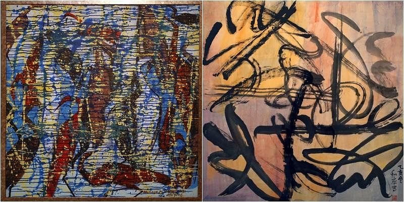 （左）何和应以抽象画《纪念陈文希》（2012），鹭鸶朦胧隐约。（右）何和应创意书法《舞笔》（1995）展现东歪西倒的舞姿，可从四方八面观之。