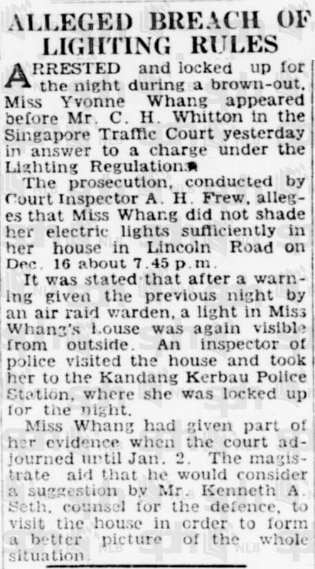1941年《自由西报》报道黄逸梵因违反灯火管制令而被拘捕，关押在竹脚警署。（国家图书馆旧报档案）
