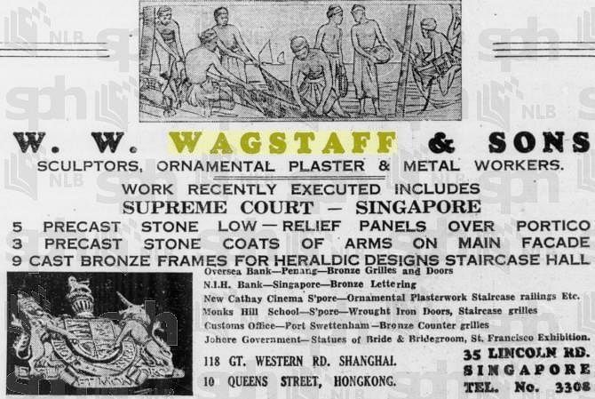 “伟达父子洋行”（W.W. Wagstaff & Sons）1938年8月2日刊登于《海峡时报》的广告，右下角印着“林肯路35号，新加坡。”（国家图书馆旧报档案）