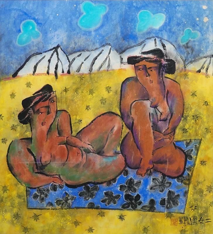 中国画家龙瑞作于1992年的纸本水彩《两位美女》是其实验性“建设性景观”裸体画。