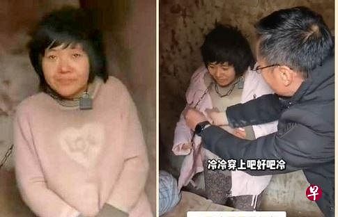 江苏徐州丰县一名衣着单薄的女子表情木然地被铁链拴在小黑屋的视频引发关注，被网民质疑涉及拐卖。（视频截取）