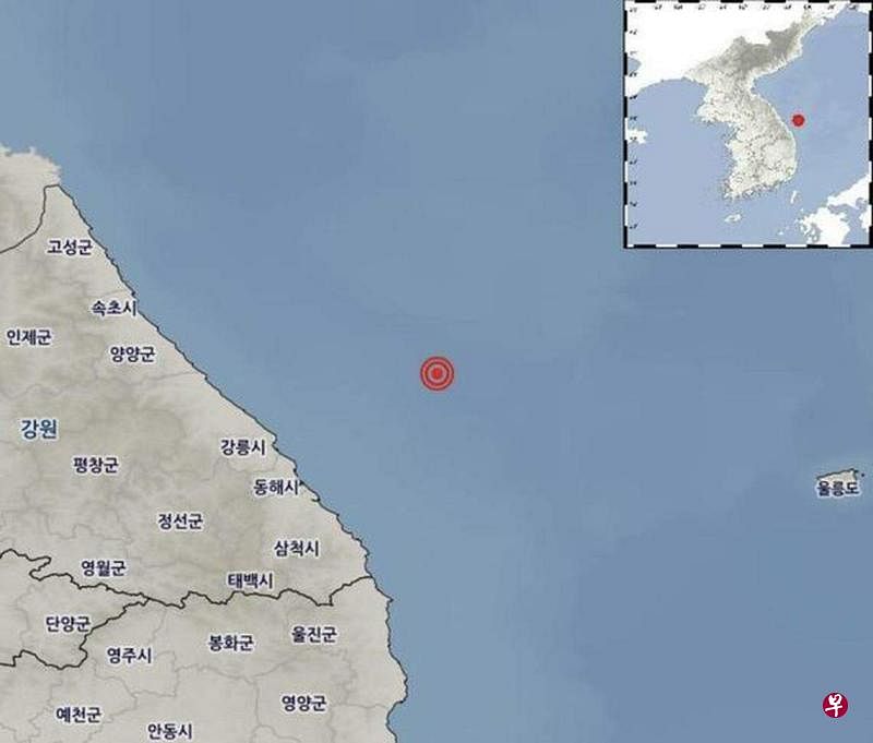 东海市东北方向52公里处海域星期一上午6时27分许发生4.5级地震。（取自韩国气象厅脸书）