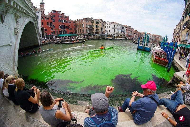 图为意大利威尼斯大运河沿阿尔托桥河段的河水面貌，河水变成明亮的绿色。游客在该区域拍照，河面上则有船夫在划贡多拉。（法新社）