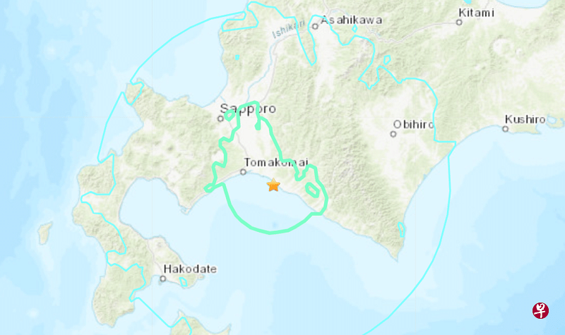 美国地质调查局说，地震震央在北海道日高振兴局浦河町沿岸，震源深度为123公里。（美国地质调查局网站截图）