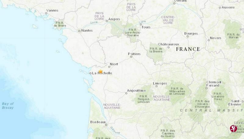据法国媒体报道，这是自2002年以来，法国本土发生的最强烈地震。（美国地质调查局截图）