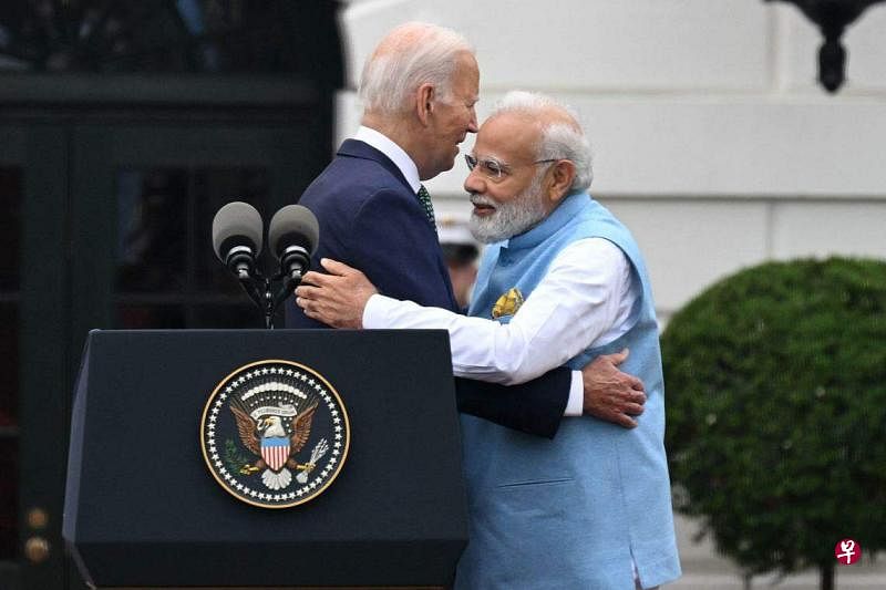美国总统拜登（左）在白宫欢迎印度总理莫迪。（法新社）