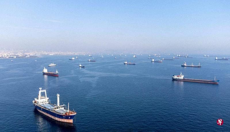 图为包括黑海谷物交易船只在内的商船于2022年10月31日在叶尼卡比海岸附近等待通过博斯普鲁斯海峡。（路透社）
