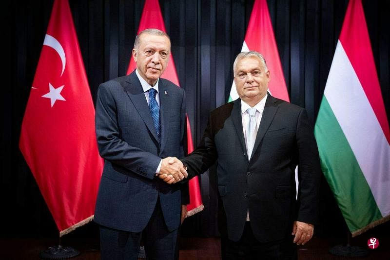土耳其总统埃尔多安（左）与匈牙利总理欧尔班（右）8月20日在匈牙利布达佩斯会晤。北约国家中，只有土耳其与匈牙利还未批准瑞典加入。（法新社）