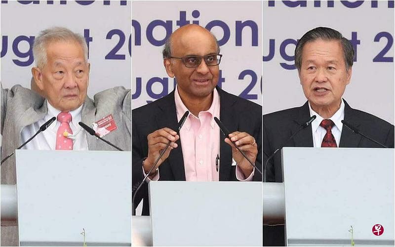 三名总统选举候选人（左起）黄国松、尚达曼，以及陈钦亮8月22日通过提名后发表讲话。（周国威摄）