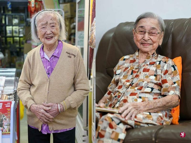 施珠云（左）今年足足100岁，是本地约1500名人瑞之一。早年辛苦打拼的她，如今身体仍硬朗，可谓健康长寿的典范。虽有子孙孝顺，经济条件也良好，她坚持让家人每天带她到美世界中心经营家族的杂货店，既打发时间，也保持脑经活跃。现年103岁的沈细历（右），是另一位子孙满堂的人瑞。她每天作息有规律，双脚虽不良于行，但身体硬朗，很少生病。