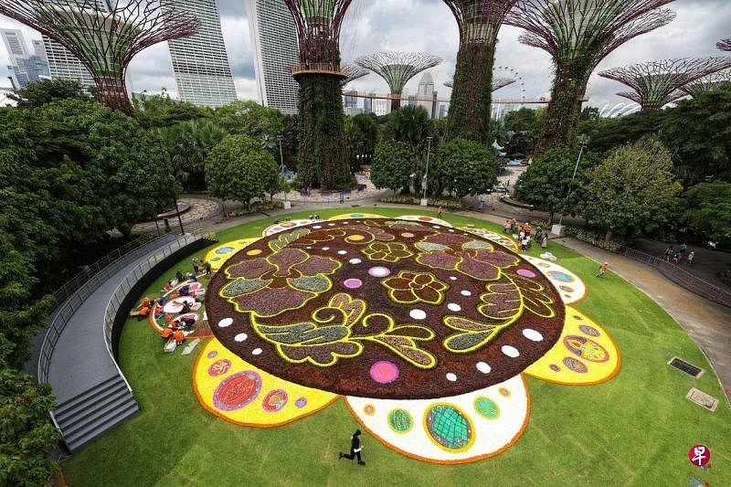 超过10万盆花卉和2万支鲜花争奇斗艳，汇成本地最大的花毯，供公众免费欣赏。（何家俊摄）