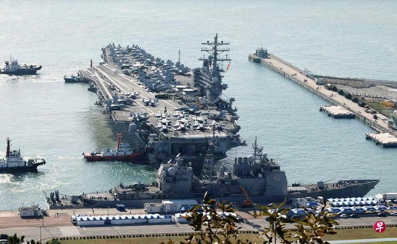 美国“罗纳德·里根”号核动力航空母舰将在韩国釜山港停留至10月16日。（法新社）