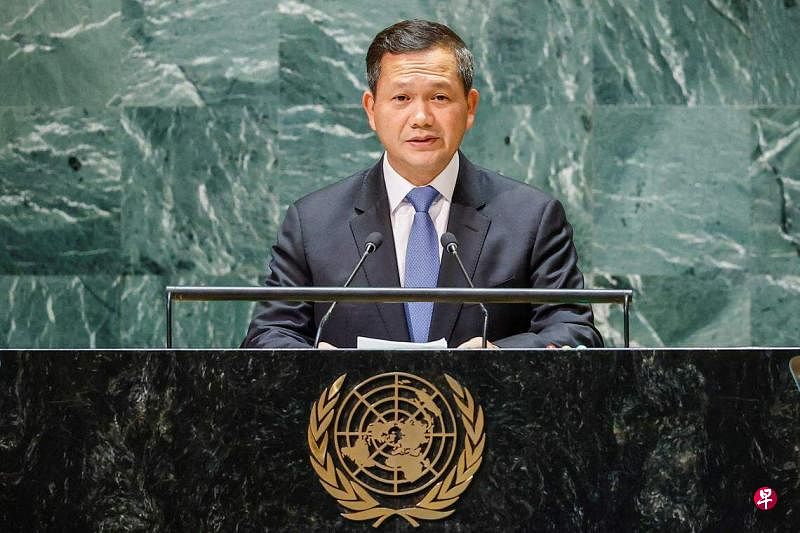 柬埔寨首相洪马内将于星期四（11月30日）宣布取消一项煤电站项目。照片为9月22日，洪马内在第78届联合国大会上发表讲话。（路透社）
