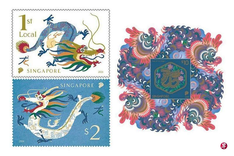 左：新邮政即将推出的龙年邮票，是十二生肖系列中的第五套，含两种面值，分别为“第一级本地邮资”（5角2分）和2元邮票。右：新邮政也将推出珍藏版的10元面值龙年纪念邮票，售价19元1角5分，附送八个龙年红包封套。（新邮政提供）