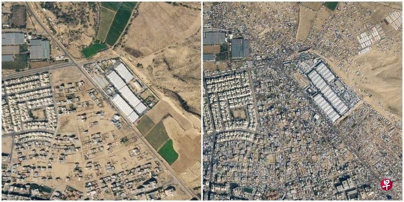 两张组合图显示加沙南部拉法地区在2023年10月15日（左）和2024年1月14日（右）期间，由于以哈炮火不断，大量巴勒斯坦人涌入拉法后，当地的避难人口骤增。（路透社）