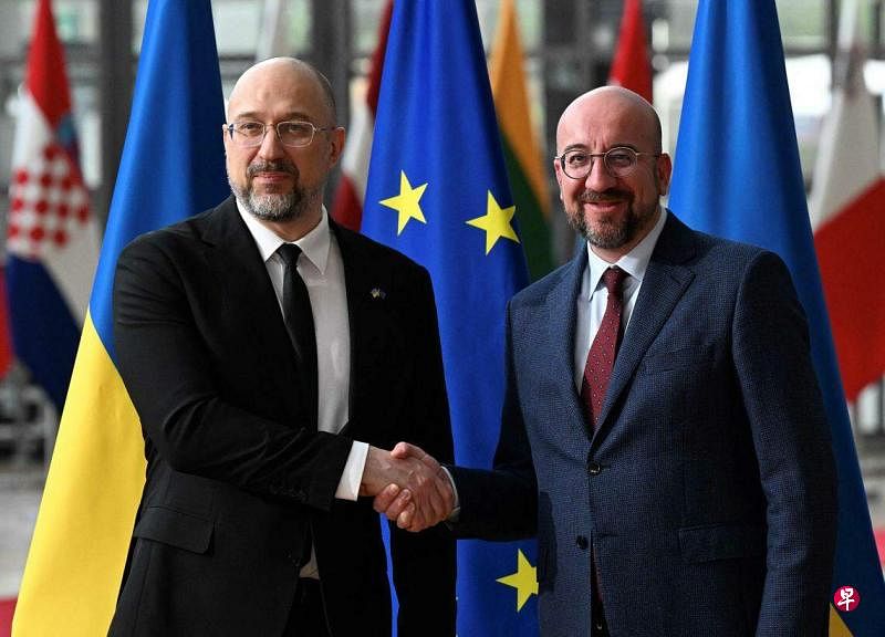 3月20日，欧洲理事会主席米歇尔（右）欢迎来访的乌克兰总理什米哈尔。（法新社）