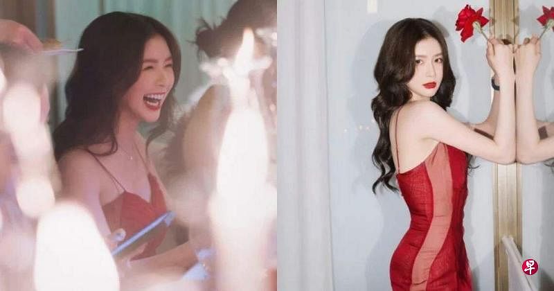 蔡卓宜迎30岁生日，在社媒贴出一系列身穿性感红色吊带晚礼服的美照。（互联网）