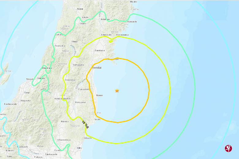 日本气象厅说，福岛县附近海域16日发生7.3级地震，已向东北海岸部分地区发布海啸预警。（美国地质勘探局）