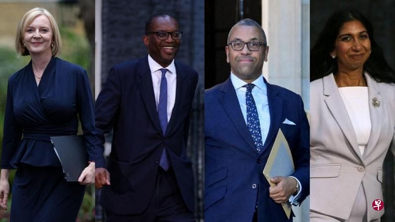 英国新首相特拉斯（左起）宣布，英国新财长为克沃滕（Kwasi Kwarteng）、外长克莱弗利（James Cleverly）、内政部长布雷弗曼（Suella Braverman）。（彭博社、法新社、路透社）